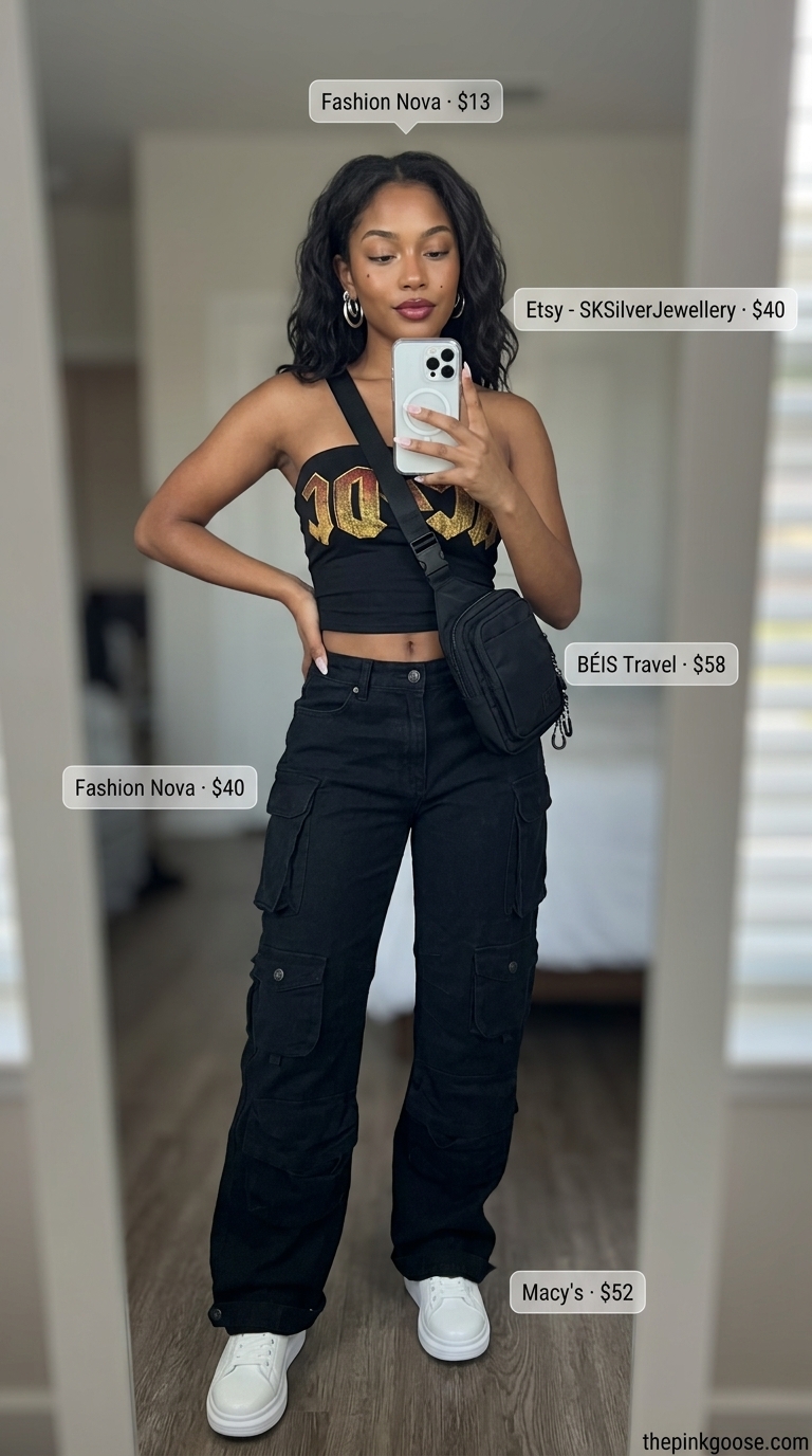 Urban Groove Tube Top & Jeans Outfits 2026 Urban Groove: Black graphic tube top, washed black cargo jeans, neon yellow accents, platform sneakers. Summer tube top with jeans outfits for women 2026.