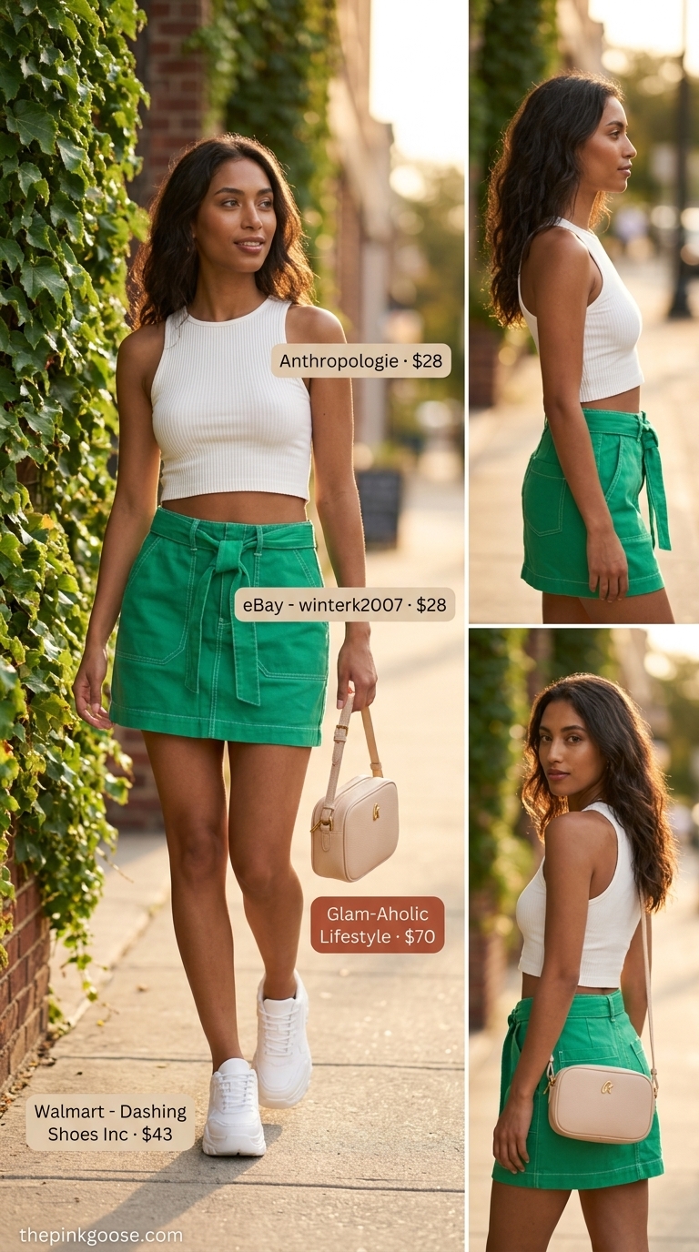 Cute summer clothes for women 2026: Bold green denim skirt, white crop top, and platform sneakers for festival fun.