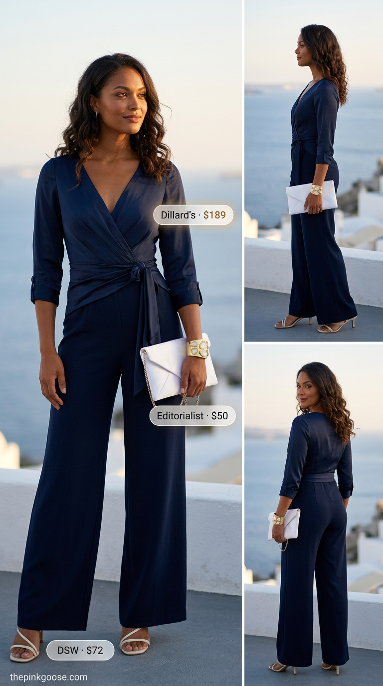 Santorini Greek island summer outfits for women 2026: Navy wide-leg jumpsuit for elegant evenings.