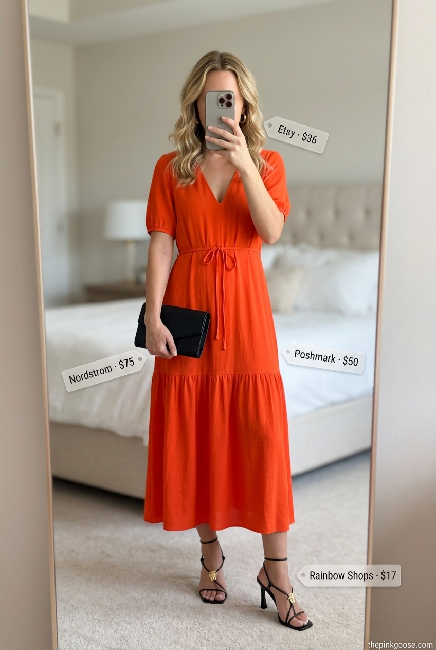 Sunset rooftop radiance outfit with a mango orange satin wrap dress and black strappy heels. Summer Bandeau top for women 2026.