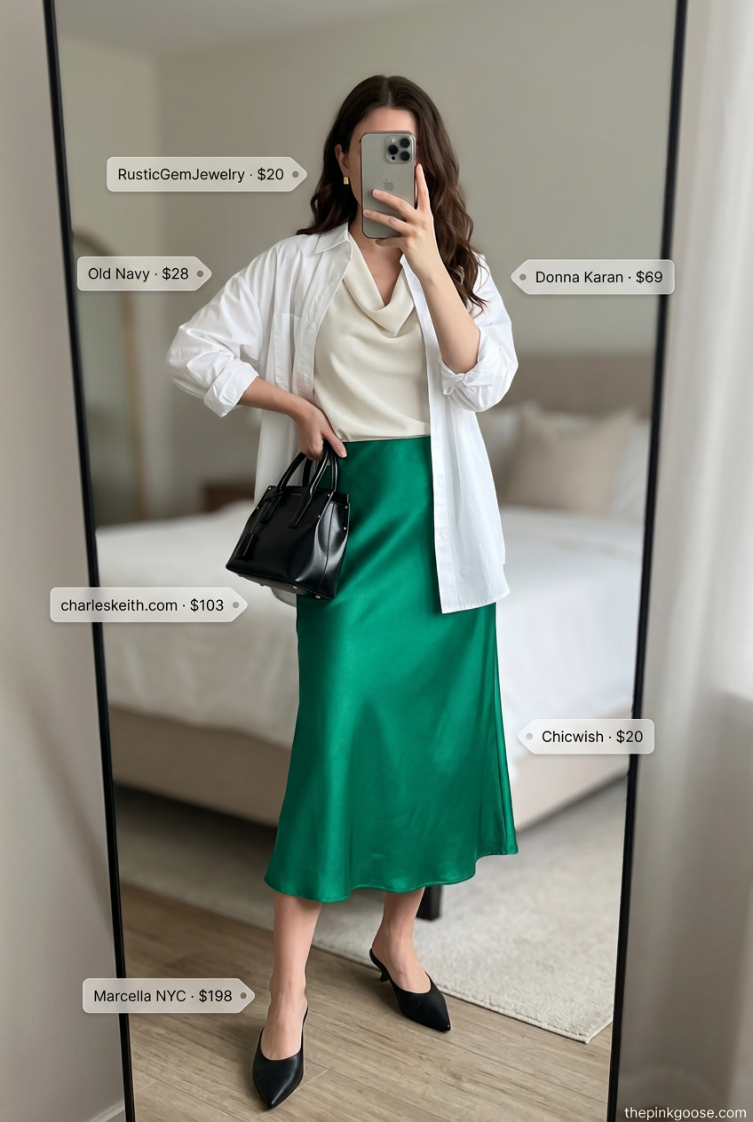 Emerald green cowl neck satin midi skirt with white button-down shirt for women 2026.