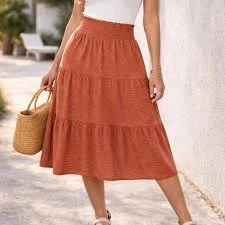skirt 89th + Madison Rust Coral Tiered Midi Boho Skirt Smocked Waist Flowy ALine-Large eBay $21.99