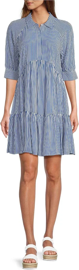 dress A Loves A Striped Point Collar 34 Cuffed Sleeve Button Front Mini Shirt Dress Dillard's $99
