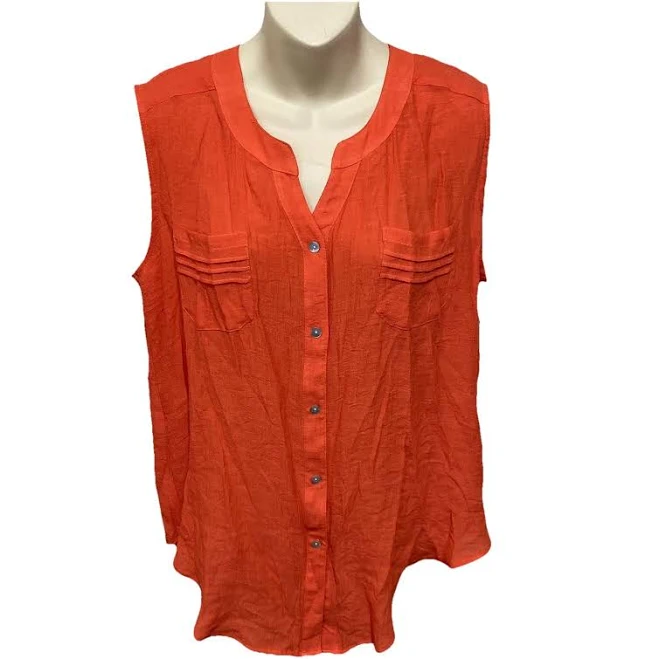 top Ab Studio Womens Xl Orange Crepe V Neck Button Up Sleeveless Blouse eBay - jdramz88 $14.99