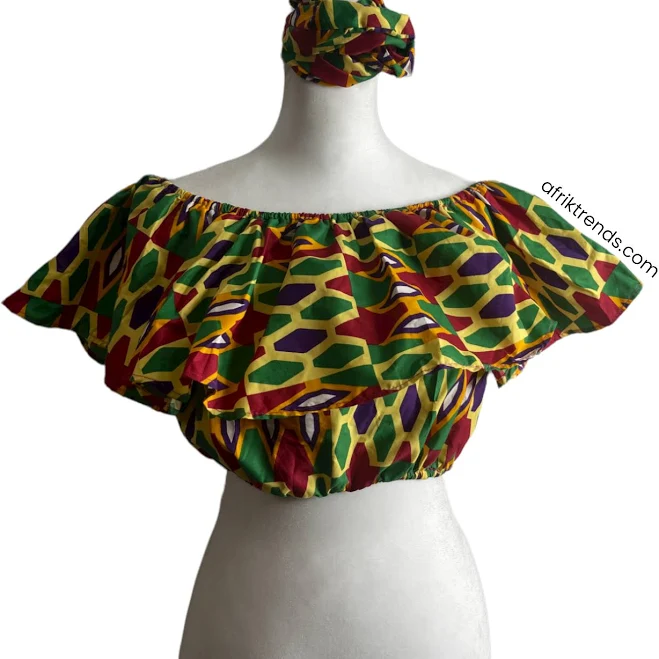 matching set African Print Ruffle Crop Top & Headband Afrik Trends $29.99
