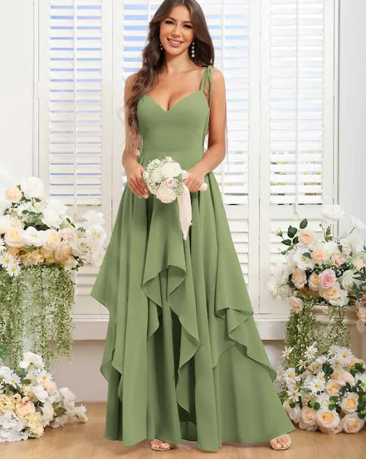 dress Amaranth Flowing A-Line V-Neck Ruffle Floor Length Bridesmaid Dress Pomuyoo $89