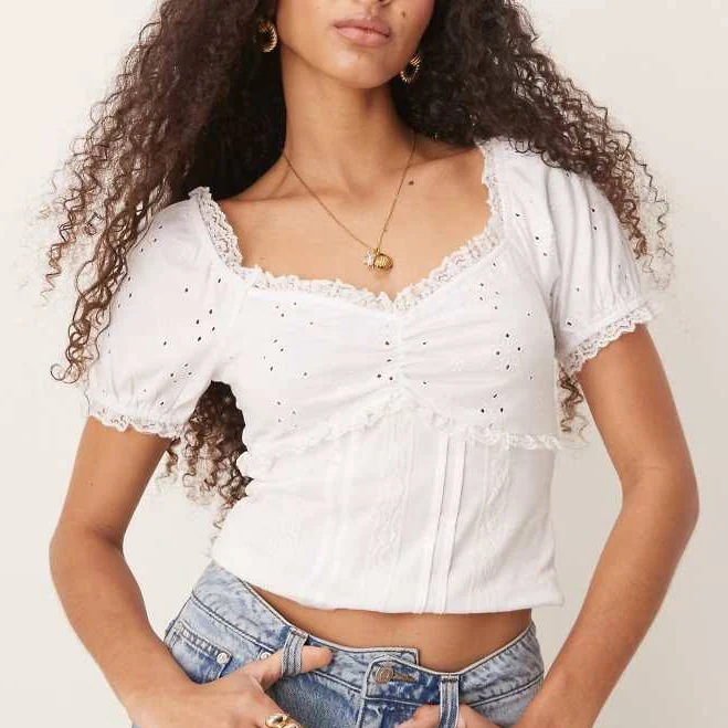 crop top ASOS Puff Sleeve Eyelet Milkmaid Top with Lace Trim ASOS $8.67