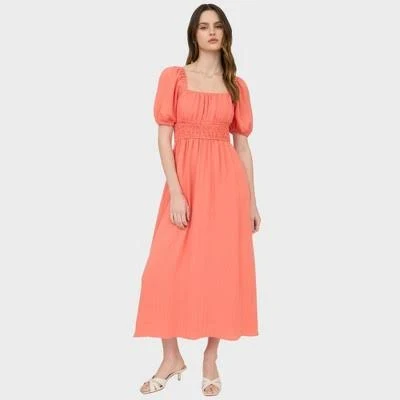 dress August Sky Women's Puff Sleeve Smocked Square Neckline Midi Dress Target $31