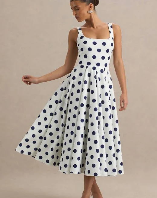 dress Berta | White And Navy Polka-Dot Square-Neck Midi Dress US 10 / NAVY POLKA DOT Club L London USA $160