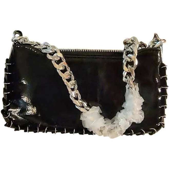 bag Black Faux Patent Leather Mini Shoulder Bag W Silver Metal Detail & Chain Strap - Women | Color: Black/Silver | Size: m Mercari $17.09