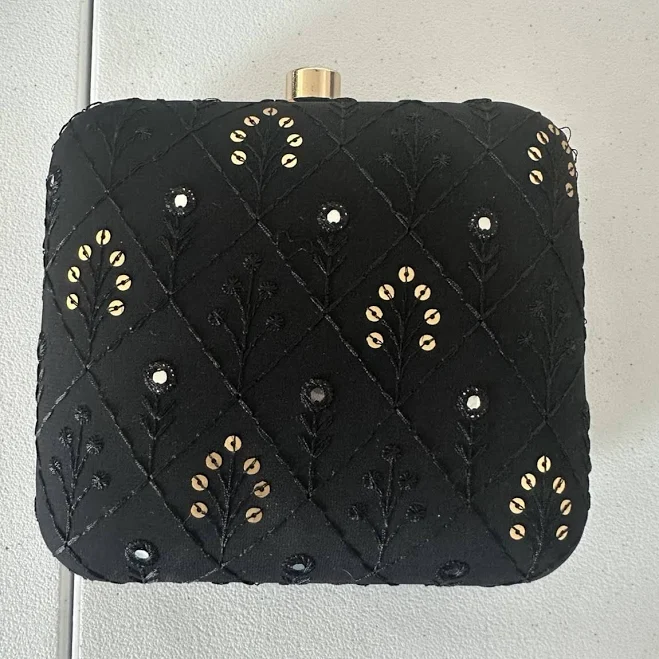 bag Black & Gold Tones Embroidered Embellished Box Clutch eBay $45
