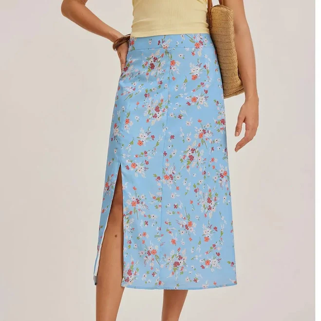 skirt Blue Floral Slit A-Line Midi Skirt TikTok Shop $31.19
