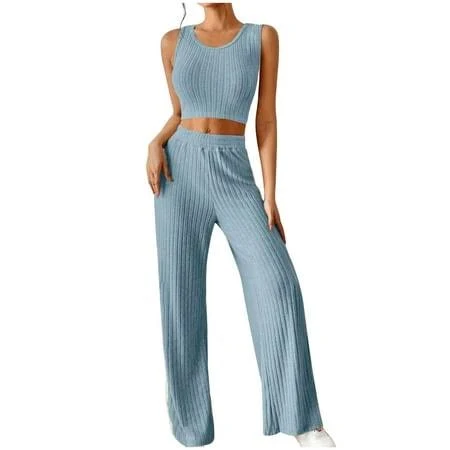 matching set BLVB Womens Knitted 2 Piece Outfits Casual Slim Sleeveless Crop Tank Tops and High Waisted Pants Sets Tracksuit Blue, Women's, Size: Small Walmart - F W Clothing $10.99