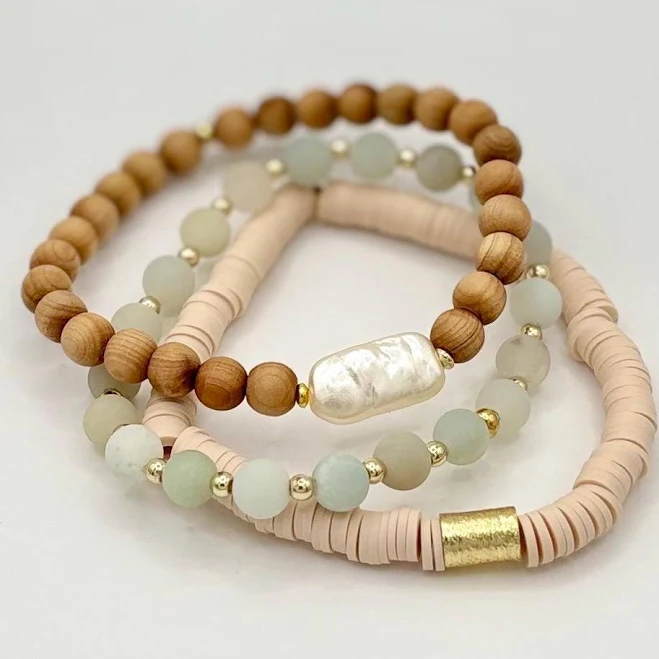 accessory Boho Minimalist Wood & Pearl Beaded Bracelet Stack Set Etsy - Seller $30