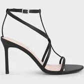 shoes Charles and Keith Women's Satin Strappy Stiletto-Heel Sandals Black Textured 186-QFIPSY Charles And Keith KSA $72.17