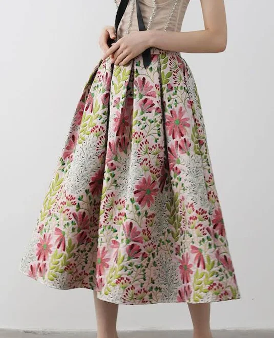 skirt Cheerful Daisy Field Jacquard Pleated Midi Skirt Chicwish $49.9