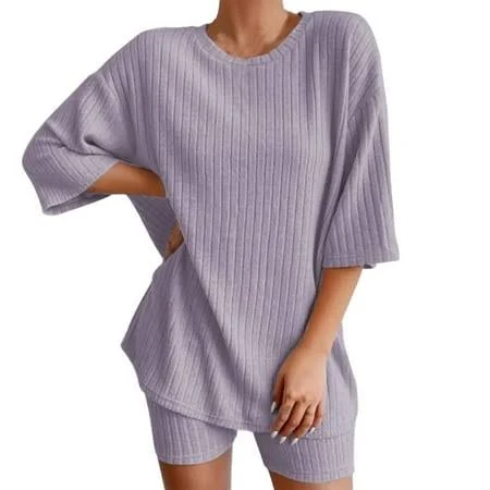 matching set Chroia Women's Plus Size Ribbed Knit 2 Piece Set - T-shirt Biker Shorts Loungewear Sleepwear Sweatsuit, Size: XL, Purple Walmart - Chroia $7.99