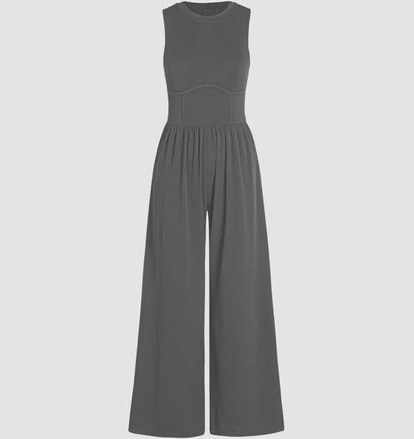 jumpsuit CIDER Women's Rib Solid Sleeveless Wide Leg Stretchy Jumpsuit Pockets Casual Office Cider $34.9