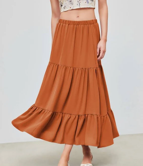 skirt CIDER Women's Tiered Maxi Skirt Elastic Waist Woven Opaque Ruffle Hem Slit Breezy Summer Cider $27.9