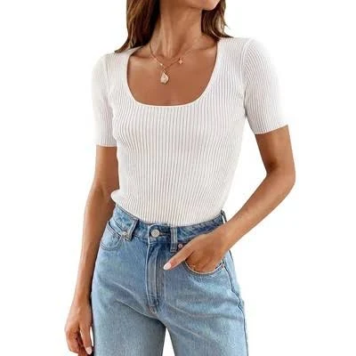 top Clearlove Women's Slim Fit Square Neck Short Sleeve Ribbed Knit Tee Target $27.99