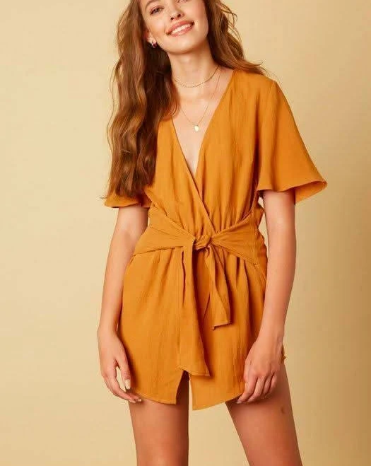 romper Cotton Candy La Falling for You Plunging Neckline Flutter Sleeve Romper Boho Pink $59