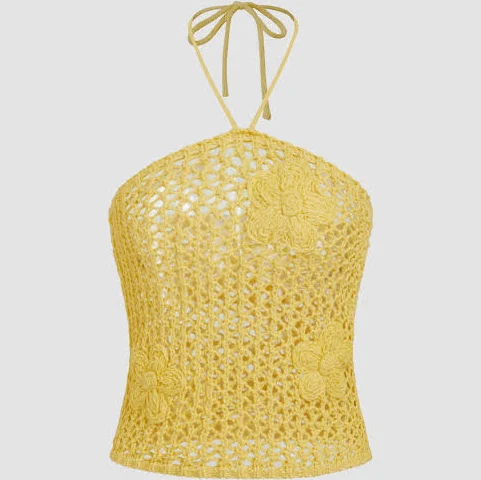 halter top Crochet Knitted Halter Neckline Floral Hollow Out Top Cider $19.92