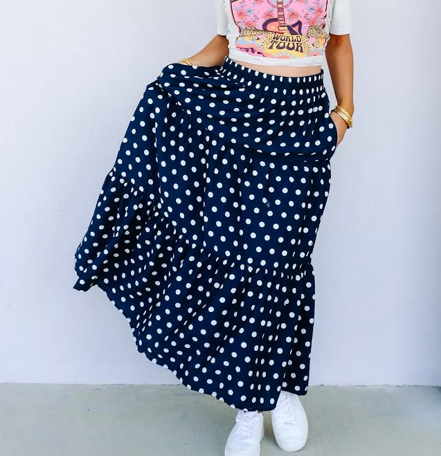 polka dots outfits Darcy Polka Dot Midi Skirt The Willow Tree Boutique $44.95