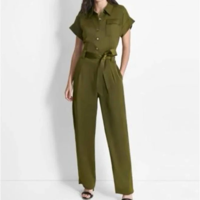 jumpsuit DKNY Olive Green Utility Belted Short Sleeve Jumpsuit Women's Size 101 Whatnot $55
