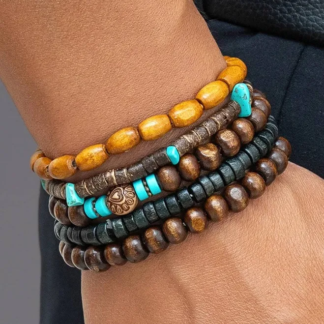 accessory DLLBC 9 Chestnut Boho Turquoise Wooden Beaded Multi Layer Bracelet D & D Outfitters $9.95