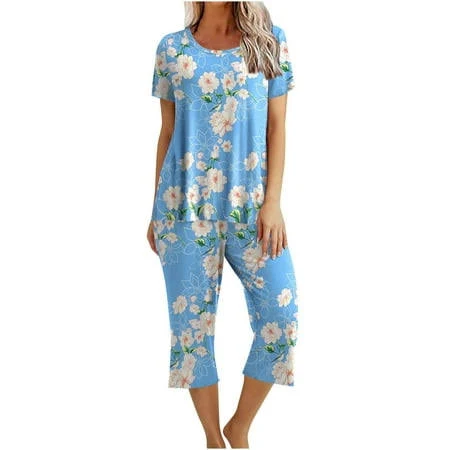 two piece set Ecqkame Womens Pajamas SetShort Sleeve Round Neck Top with Capri Pants with Pockets Casual Sleepwear Pjs Loungewear Sets Walmart - longciy $13.98
