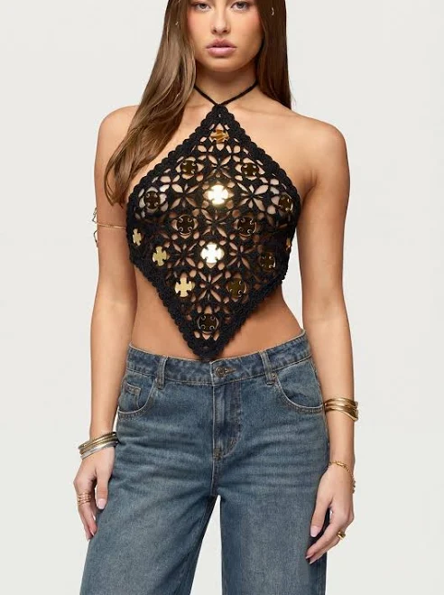 halter top Edikted Women's Gold Mirror Backless Crochet Halter Top edikted $16.2