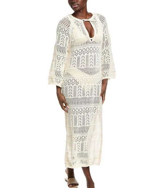 crochet dress Elan Women's Lace Knit Long Sleeve Cover-Up Midi Dress Lyst $45.99