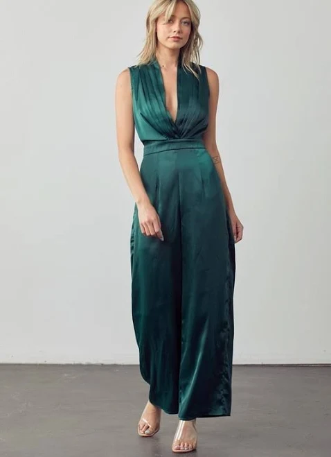 jumpsuit Emerald Green Satin Jumpsuit Women | Deep V-neck Sleeveless Wide Leg eBay $62