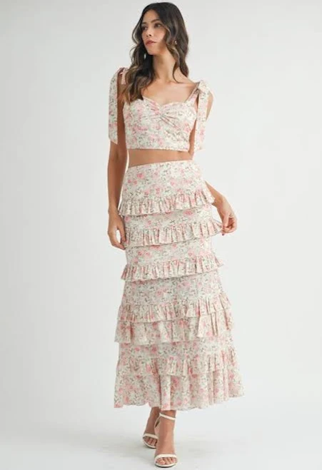 matching set Eureka The Label Enchanted Garden Floral Tie Top & Ruffle Tiered Maxi Skirt Set Eureka The Label $110