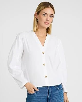top Express Women's Stretch Cotton Poplin V-Neck Barrel Sleeve Button Up Top Express $68