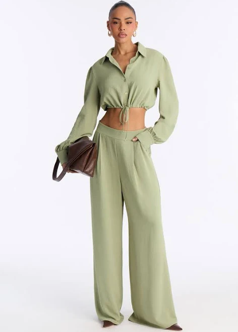 matching set Fashion Nova Long Sleeve Cropped Button Up Shirt and Wide Leg Pant Set Fashion Nova $19.99