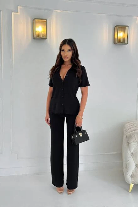 oversized outfit Fashion Nova Short Sleeve Button Up Shirt Wide Leg Pant Set Size Fashion Nova $39.99