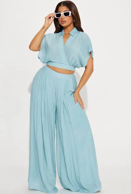 matching set Fashion Nova Short Sleeve Cropped Blouse Wide Leg Pant Set Fashion Nova $31.99