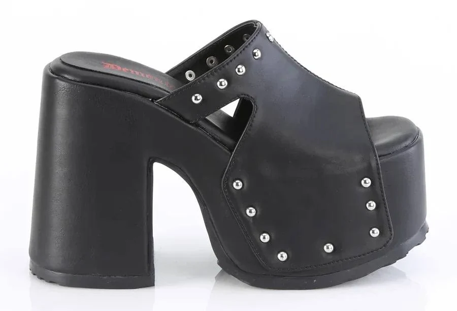 shoes Fenvy Camel-109 Vegan Leather Chunky Heel Slides Demonia Cult $99.95