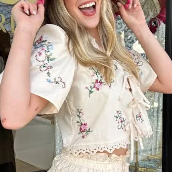 top Floral Embroidered Puff Sleeve Top Au Darling $78