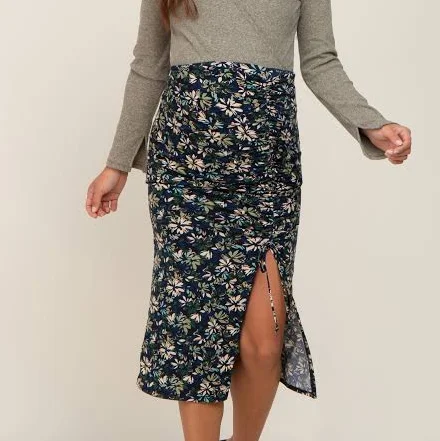 skirt Floral Ruched Slit Maternity Midi Skirt PinkBlush Maternity $44