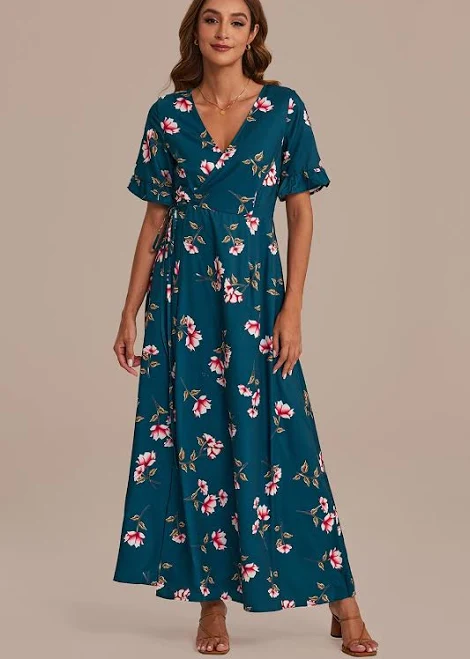 dress Floral Short Sleeve V-Neck Maxi Dress Petal Lush $48