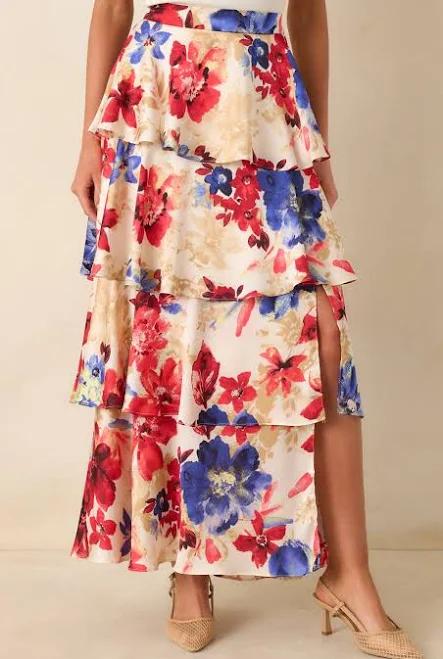 skirt Flourish and Flow Floral Print Tiered Maxi Skirt Red Dress $69