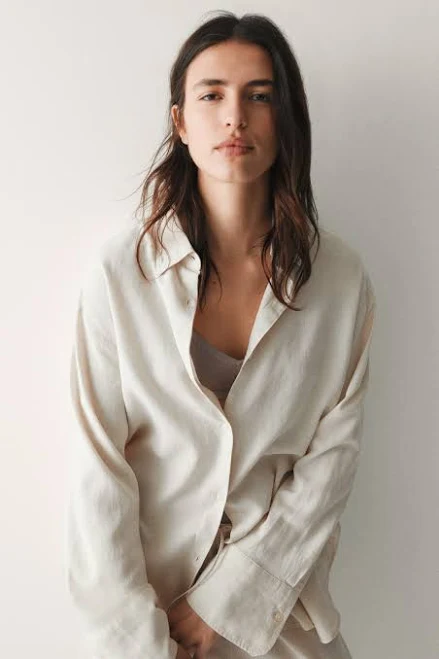top H&M Ladies Oversized Linen-Blend Shirt H&M $39.99