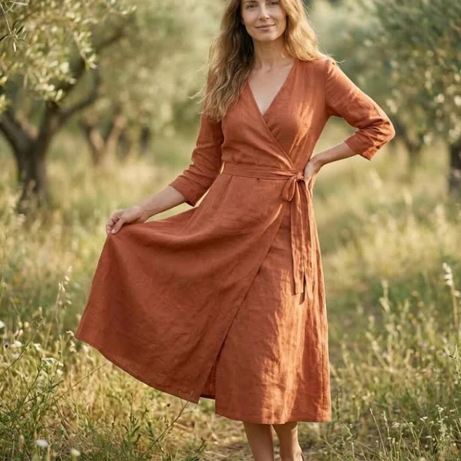 dress Handmade Linen V-Neck Midi Dress Etsy - Seller $159