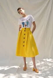 skirt High-Waisted Linen Midi Skirt with Front Button Design and Side Pockets - Yellow / 12 / Fully Lined Laura Ren $55