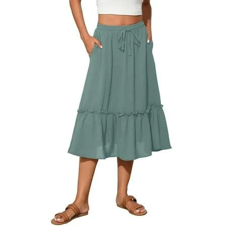 matching set Huresd Women's High Waist Tiered Cotton Linen Midi Skirt with Pockets Walmart - Huankd $13.35