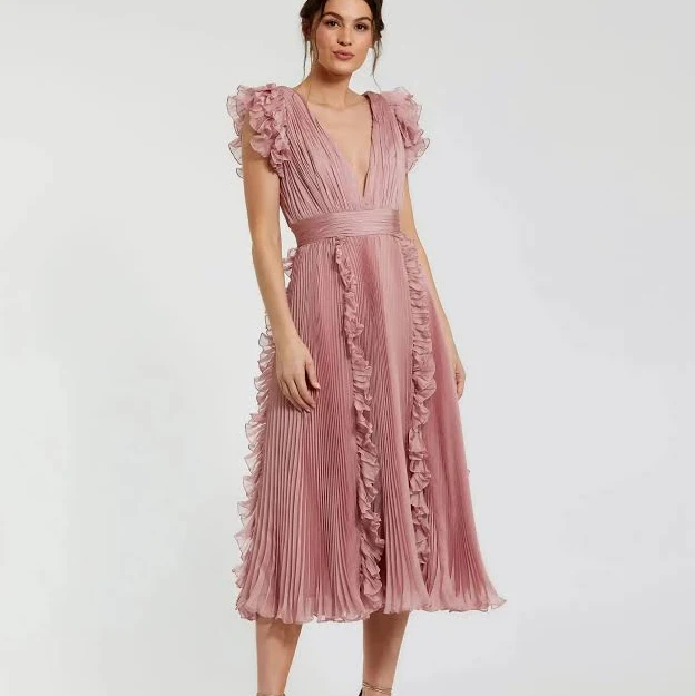 dress Ieena for Mac Duggal - Pink Pleated Chiffon V Neck Ruffle Midi Dress - US 18 Mac Duggal $498
