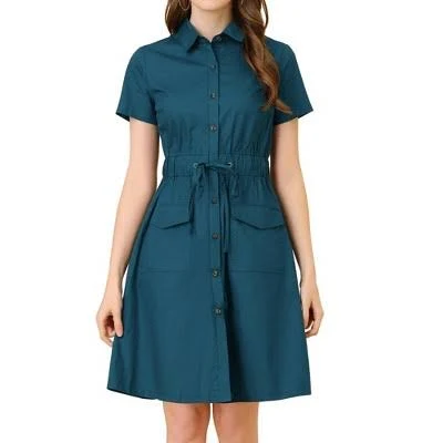 dress Inspire Chic Women's Point Collar Front Elastic Waist Mini Shirt Dress with Pockets Target $45.99