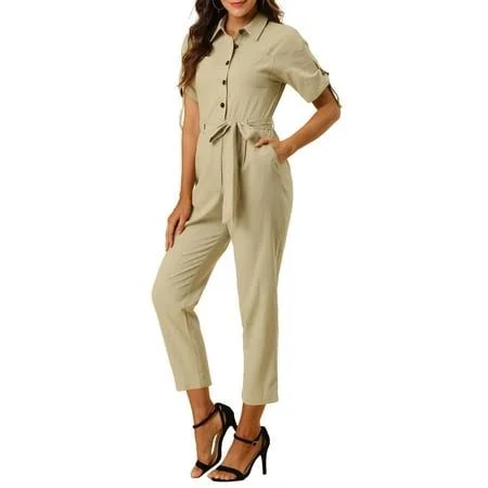 jumpsuit Inspire Chic Women's Short Sleeve Collared Button Down Tie Waist Cargo Jumpsuit Walmart - Tasharina Corp $45.99